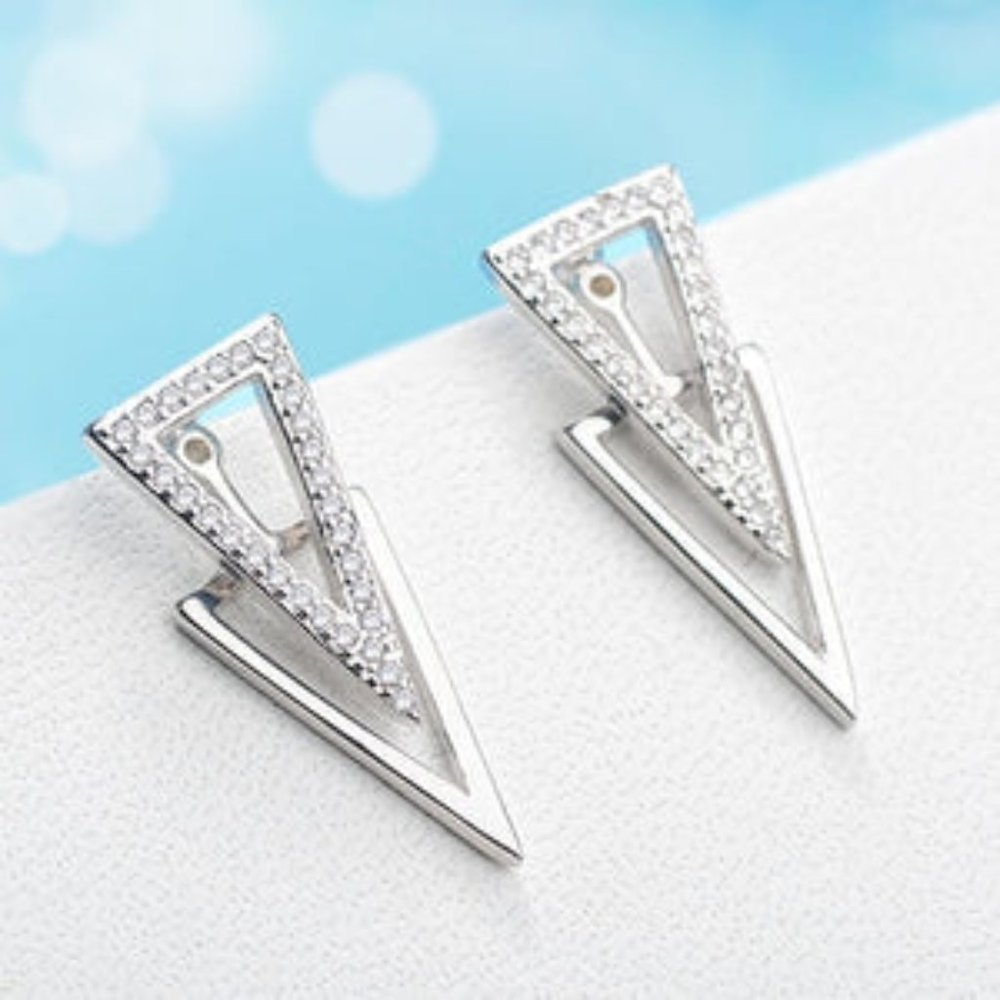 New Sterling Silver925 Jewelry Micro CZ Double Triangle Geometry Ear